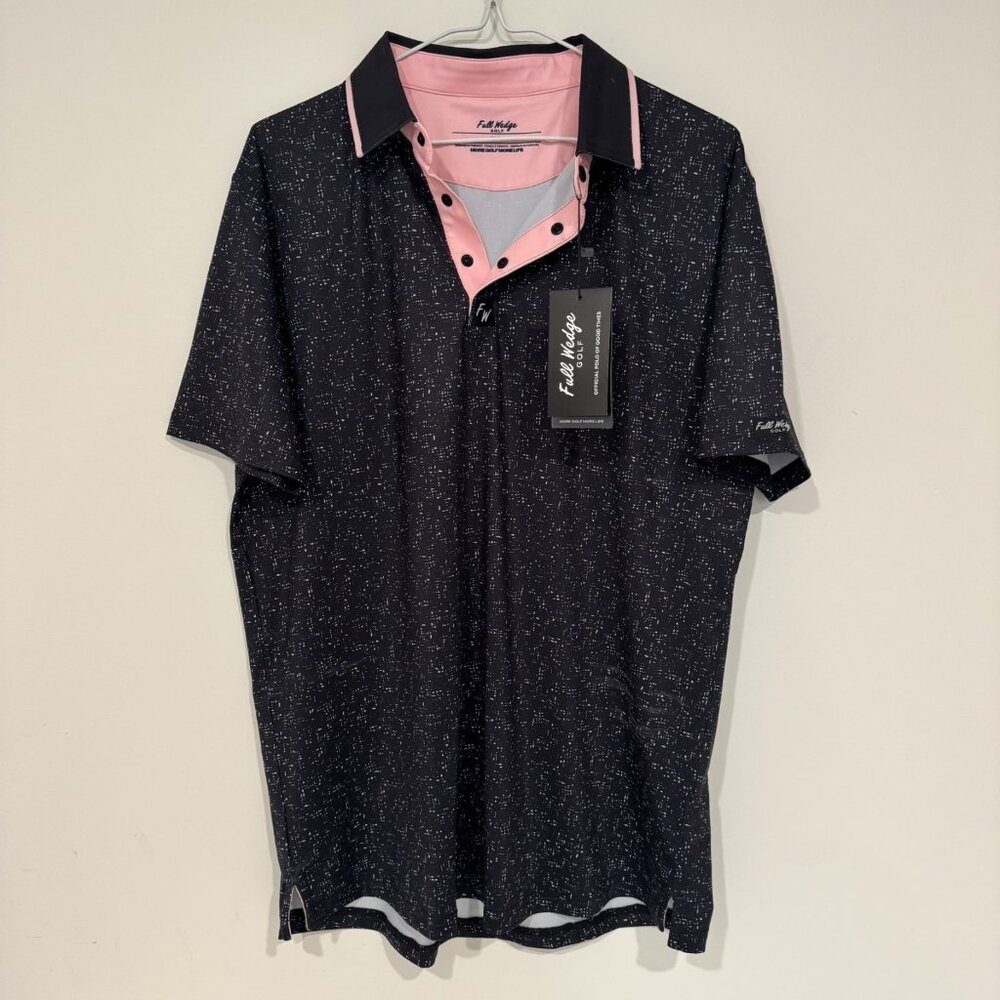 Full Wedge Golf Mens Short Sleeve Black Pink Digi Snap Polo Shirt Size M NWT $95
